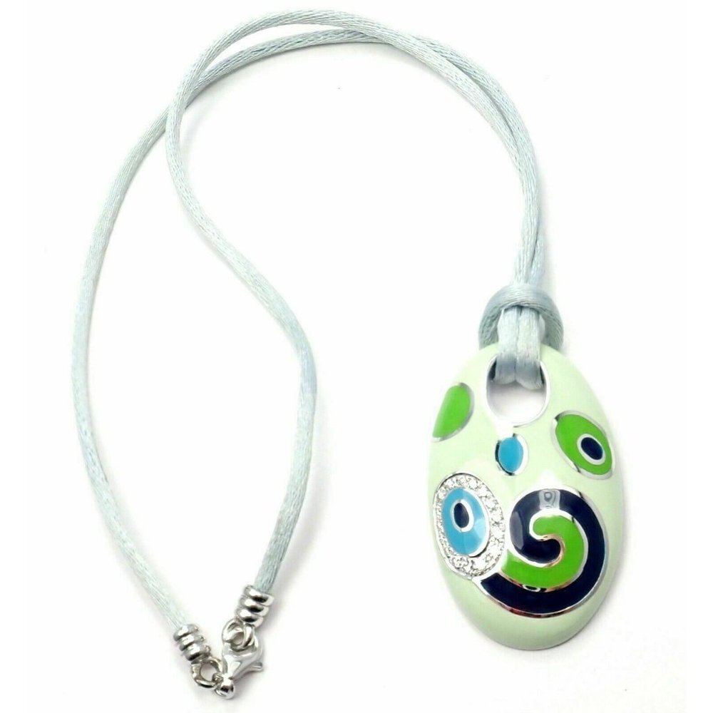 Roberto Coin 18k White Gold Diamond Green Enamel Silk Cord Pendant Necklace​